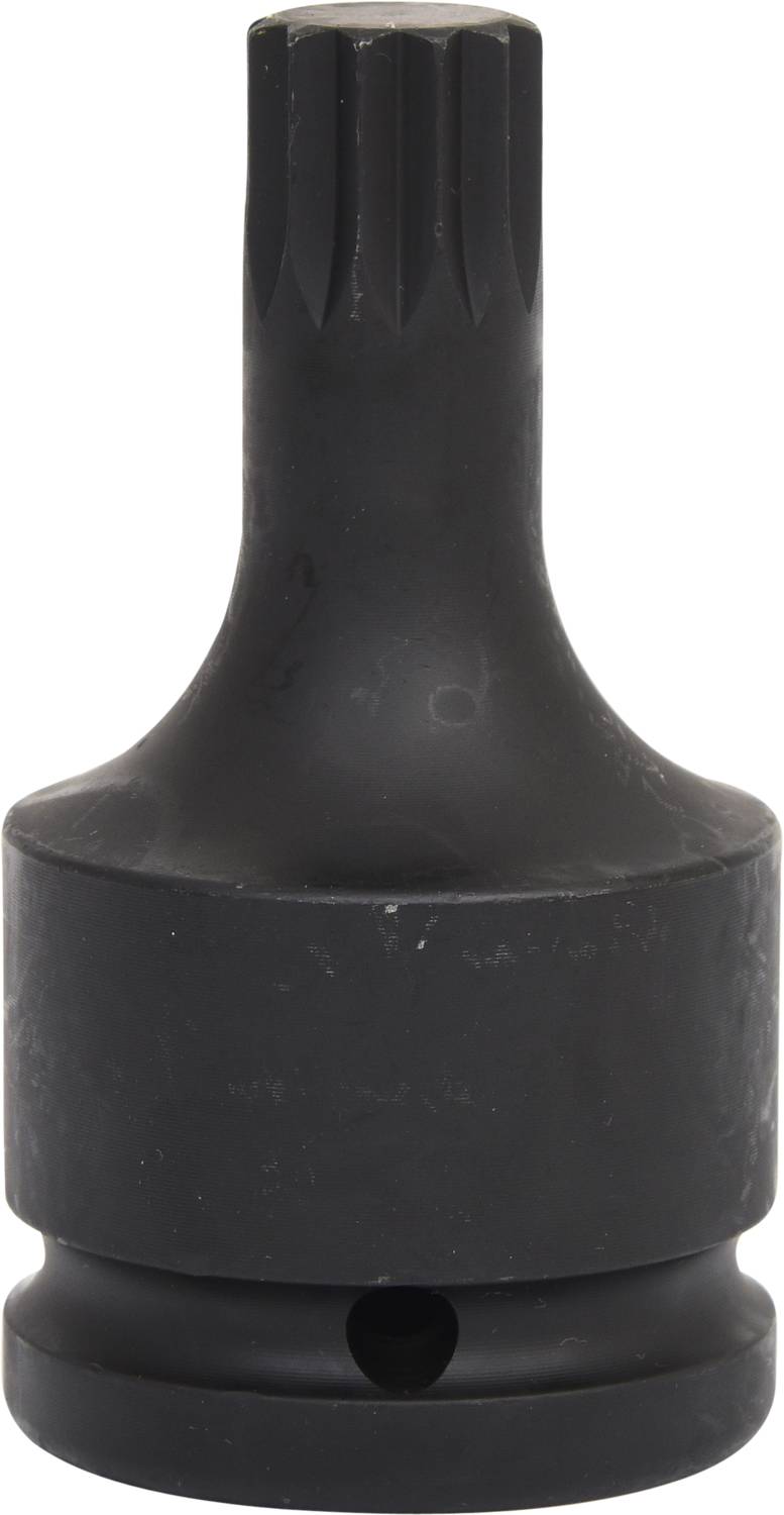 Ein schwarzer Steckschlüsseleinsatz mit Vielzahnprofil und zylindrischem Schaft, verwendet für spezielle Schraubarbeiten.