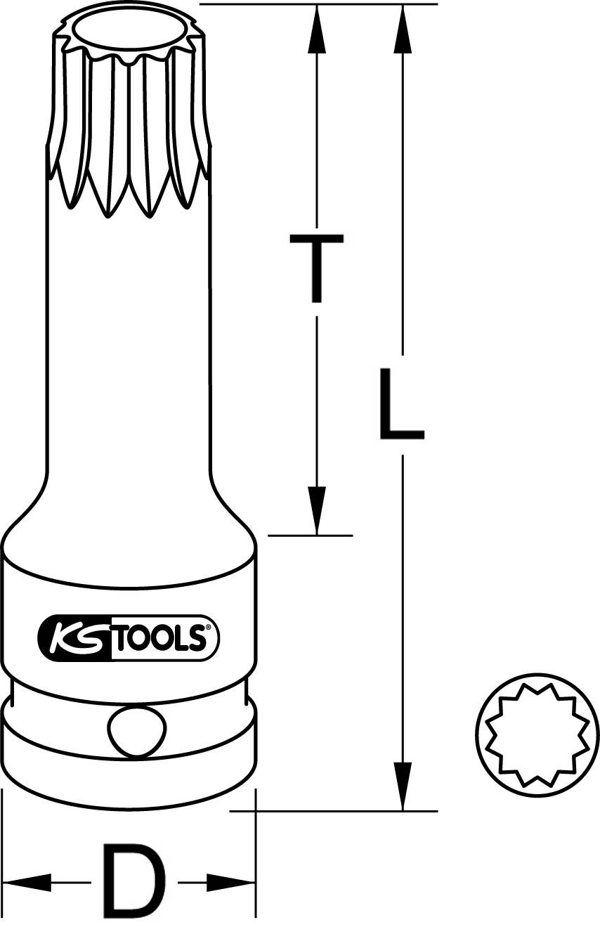 Stecknuss mit Rillenmuster, Markenlogo 'KS TOOLS' auf der Seite. Abmessungen: Länge (L), Teilmaß (T), Durchmesser (D). Profilansicht unten.