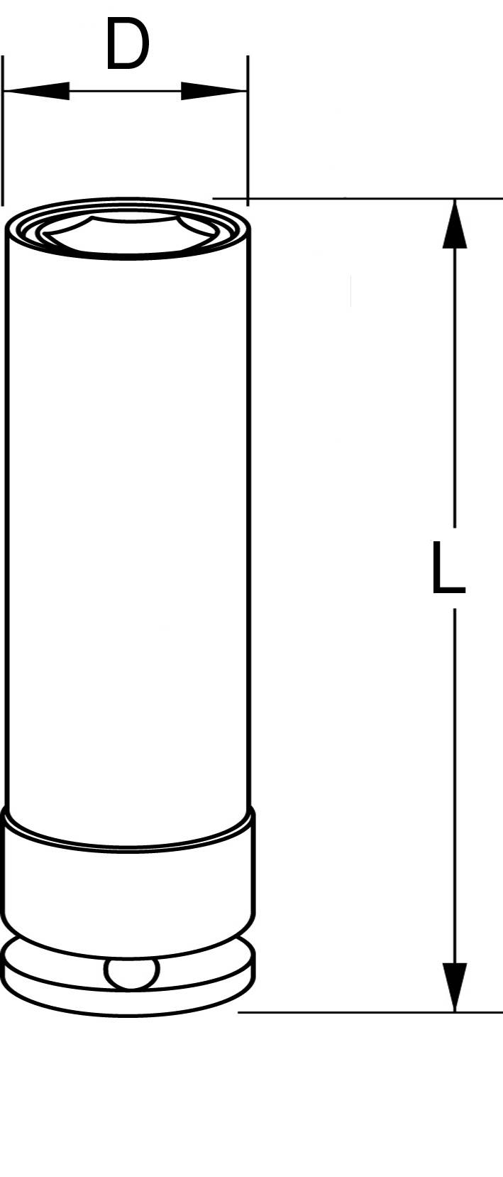 Technische Zeichnung eines zylindrischen Objekts, Höhe 'L', Durchmesser 'D'. Pfeile zeigen Abmessungen.