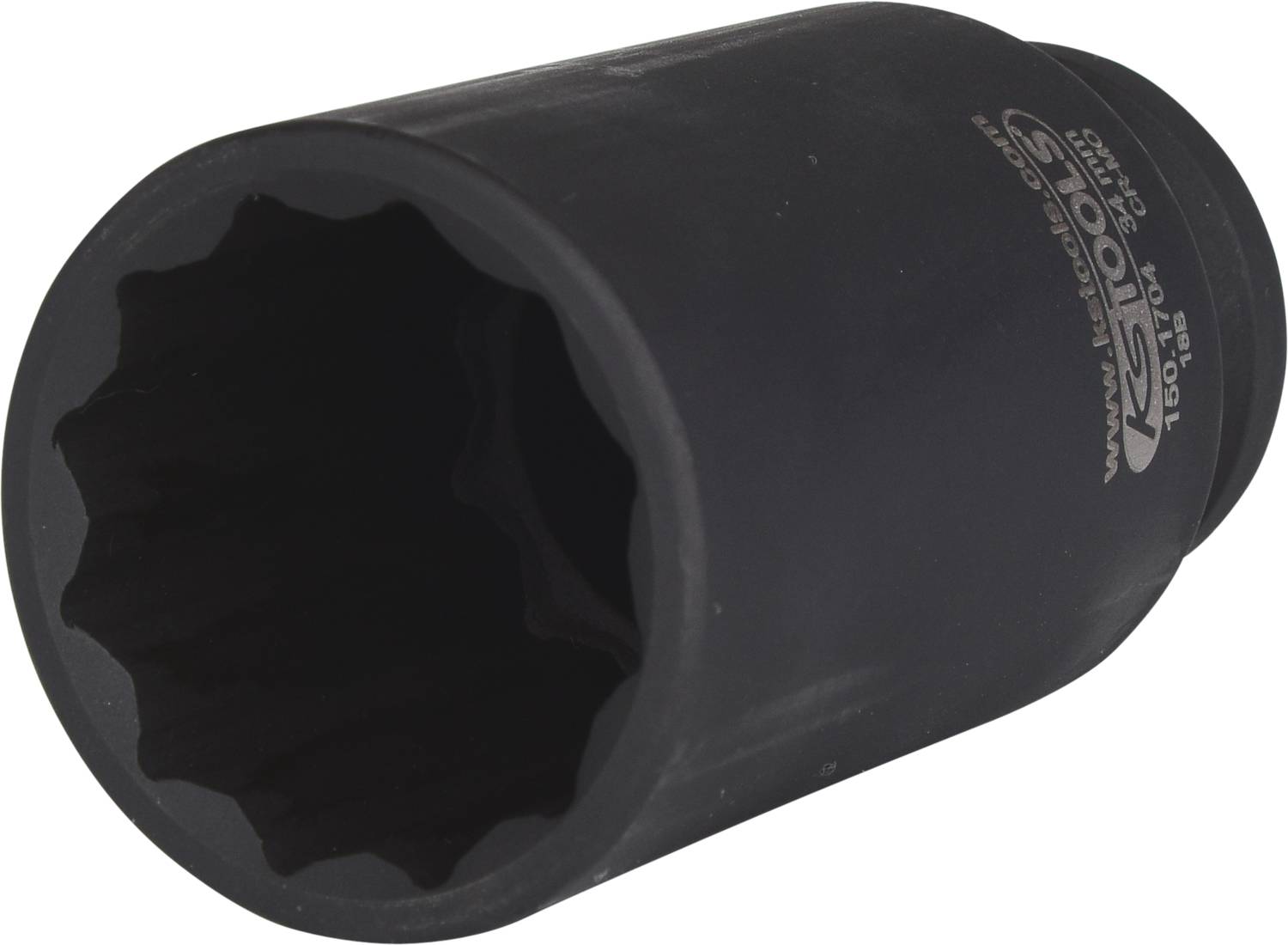 Eine schwarze Steckschlüsseleinsatz mit zwölfkant-Profil, geeignet für den professionellen Werkzeugeinsatz.