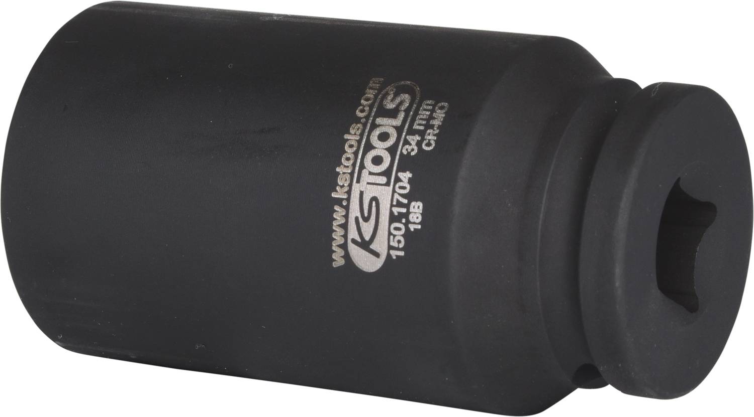 Schwarze, zylindrische Stecknuss von KS Tools mit Aufschrift '150.1704 - 34mm'. Geeignet für mechanische Anwendungen.