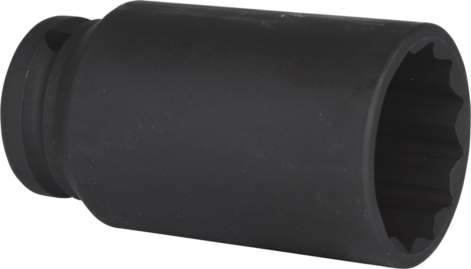 Schwarze Steckschlüsselbuchse, zylinderförmig, mit gezacktem Ende und glatter Oberfläche. Verwendet für mechanische Befestigungen.