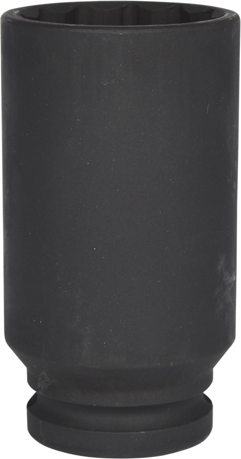 Eine schwarze, zylindrische Stecknuss aus Metall, typisch für den Einsatz mit Ratschenwerkzeugen zum Lösen von Schrauben.