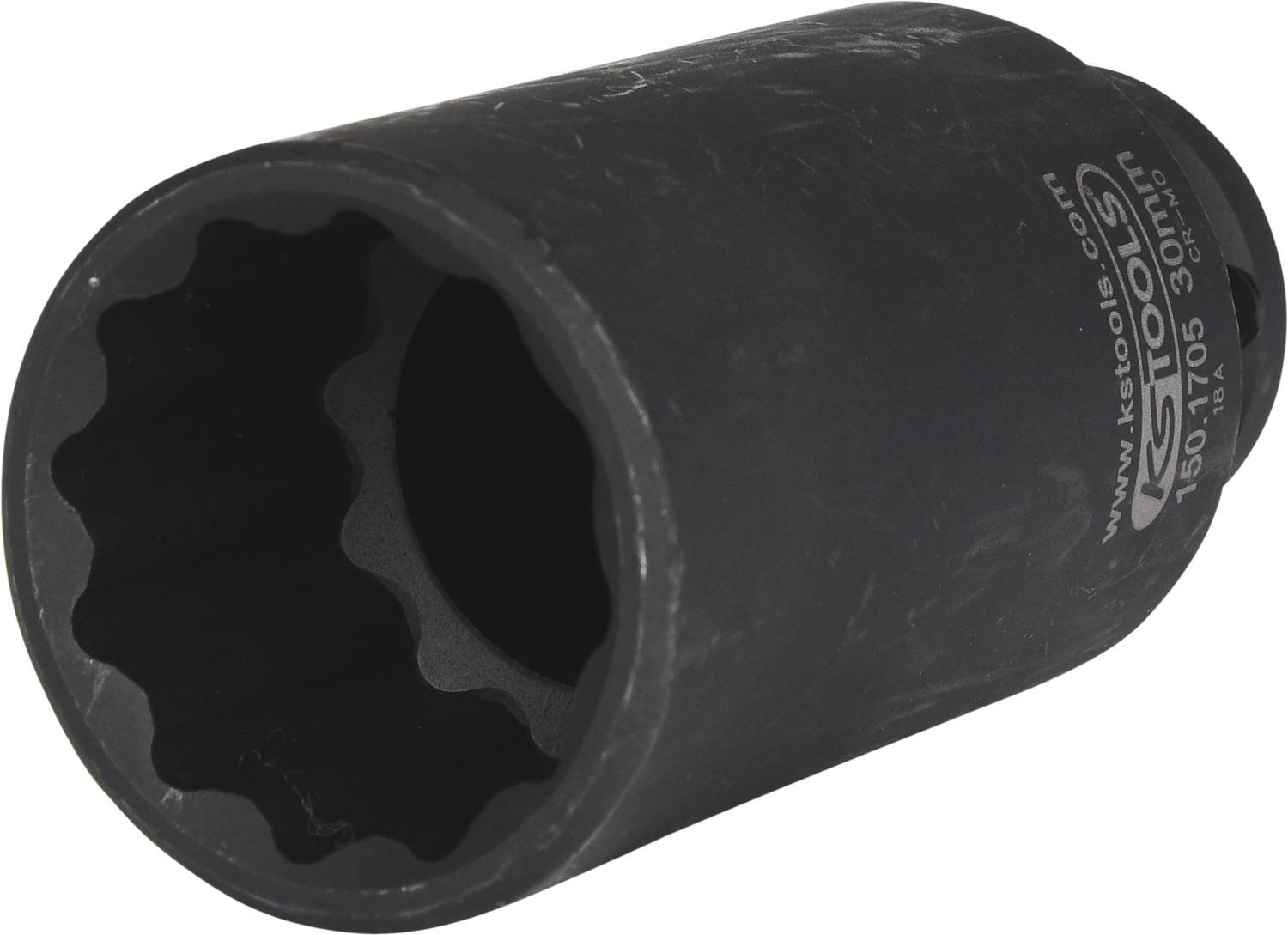 Eine schwarze Nuss mit zwölfkantiger Innenform. Auf der Außenseite sind Markierungen und der Markenname 'KS Tools' sichtbar.