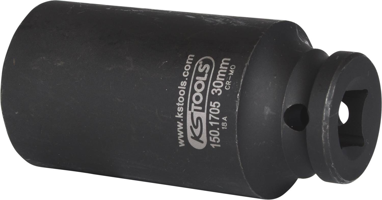 Schwarze Stecknuss mit Aufdruck 'www.kstools.com' und '150.1705 30mm', zeigt eine quadratische Öffnung für Werkzeugbefestigung.