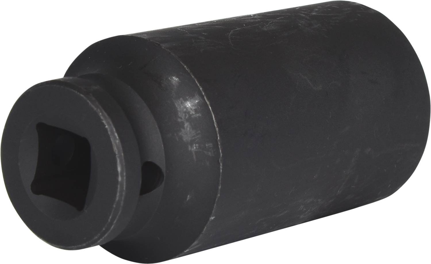 Ein schwarzes, zylindrisches Werkzeug mit quadratischer Öffnung, möglicherweise ein Adapter oder eine Sockel für mechanische Anwendungen.