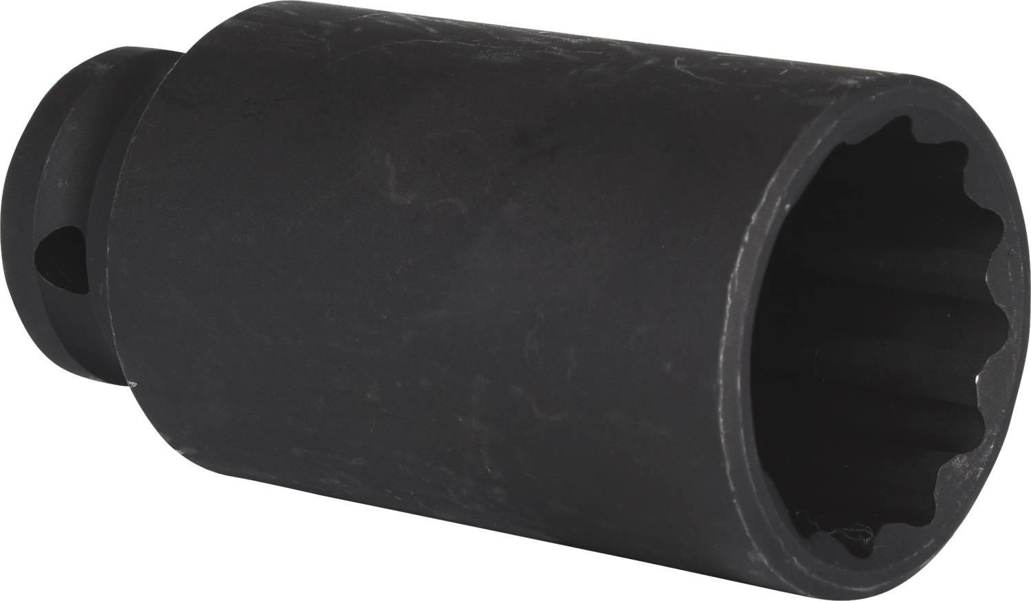 Eine schwarze Stecknuss aus Metall mit geriffeltem Innenraum, geeignet für den Einsatz mit einem Drehmomentschlüssel.