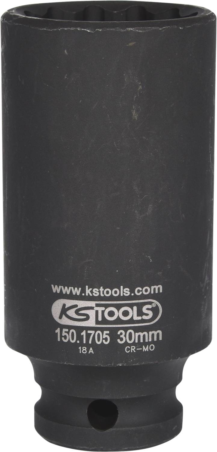 Ein schwarzer Steckschlüssel von KS Tools, 30mm, Modellnummer 150.1705, aus CR-MO-Stahl, mit vertiefter Sechskantaufnahme.