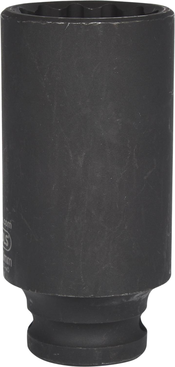 Schwarzer Steckschlüsseleinsatz aus Metall, zylinderförmig mit hexagonalem Innenprofil, hauptsächlich für mechanische Arbeiten verwendet.