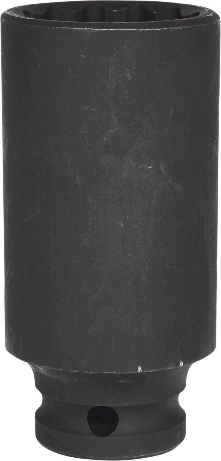 Ein dunkler Metallaufsatz mit runder Öffnung und strukturiertem Außenbereich. Geeignet für Werkzeuge oder Maschinen.