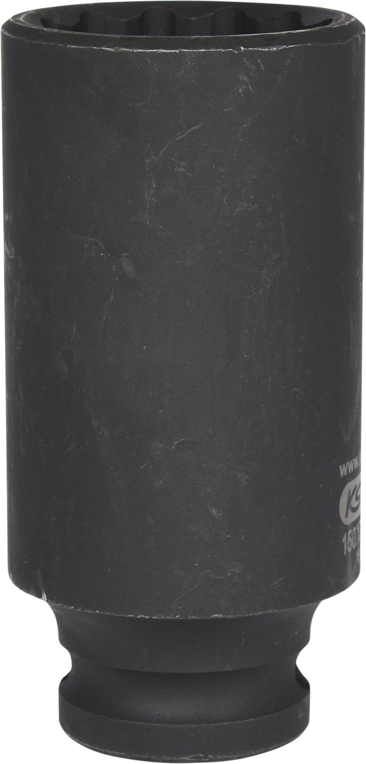 Eine schwarze, zylindrische Stecknuss mit runder Öffnung und Sechskantaufnahme unten, verwendet für Reparatur- oder Montagearbeiten.