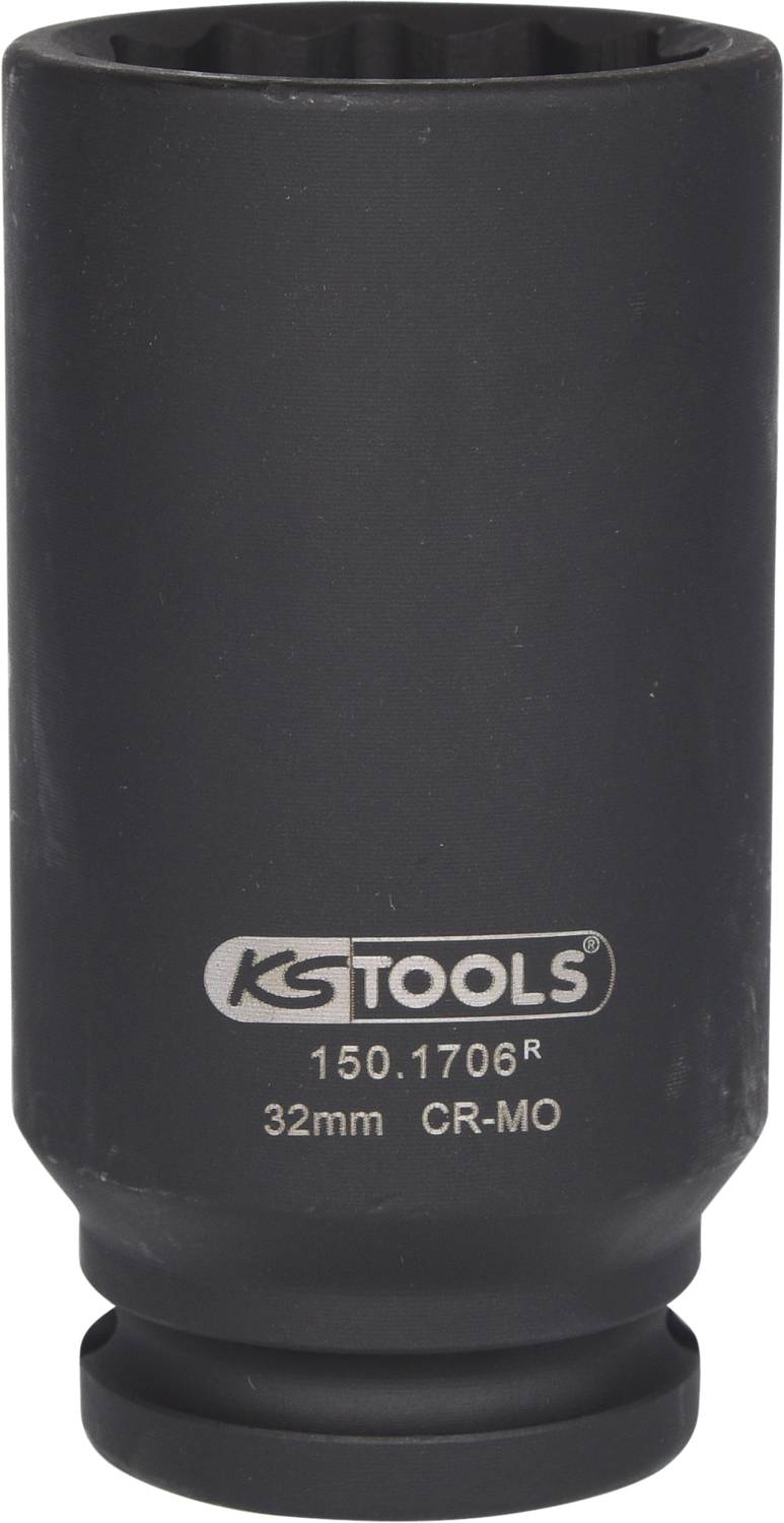 Eine schwarze Stecknuss von KS Tools, Modellnummer 150.1706R, Größe 32mm, aus CR-MO-Stahl.