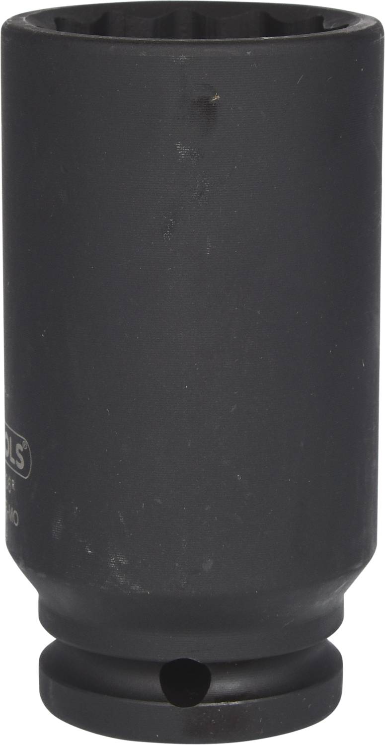 Ein schwarzer Steckschlüsselaufsatz in zylindrischer Form. Geeignet für den Einsatz mit einem Schlagschrauber zum Lösen von Muttern.