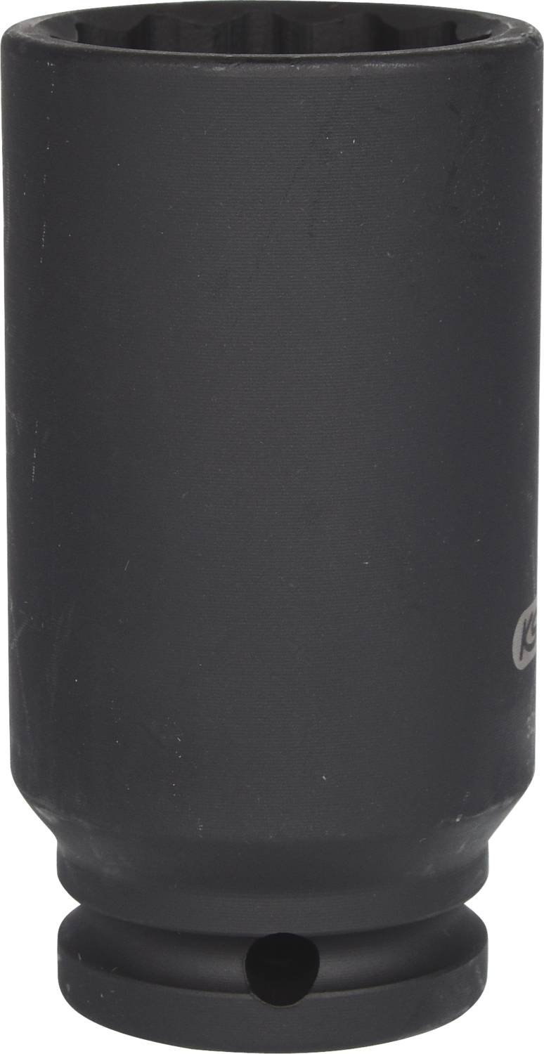 Ein schwarzes zylindrisches Objekt mit einem Loch an der Unterseite, möglicherweise ein technisches Bauteil oder Adapter.