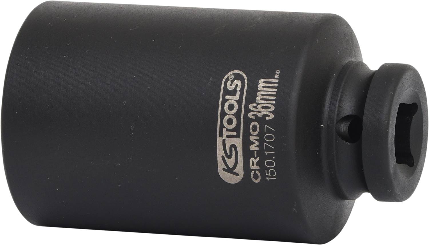 Eine schwarze Steckschlüssel-Nuss aus CR-Mo-Stahl, 36mm groß, mit KS Tools-Logo und Produktnummer 150.1707.