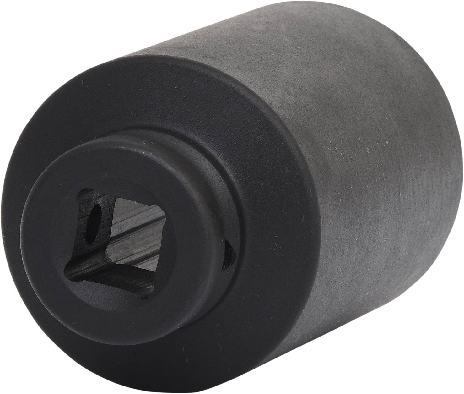 Zeigt eine zylindrische, schwarze Metallnuss mit sechseckiger Öffnung zur Befestigung auf einer Ratsche oder einem Drehmomentschlüssel.