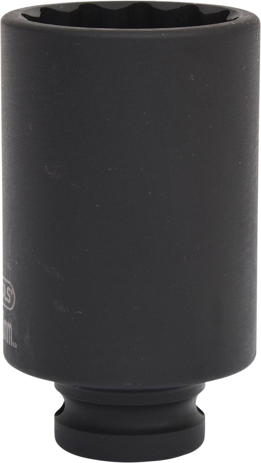 Eine schwarze, zylindrische Stecknuss aus Metall, verwendet für das Anziehen oder Lösen von Schrauben oder Muttern in mechanischen Anwendungen.
