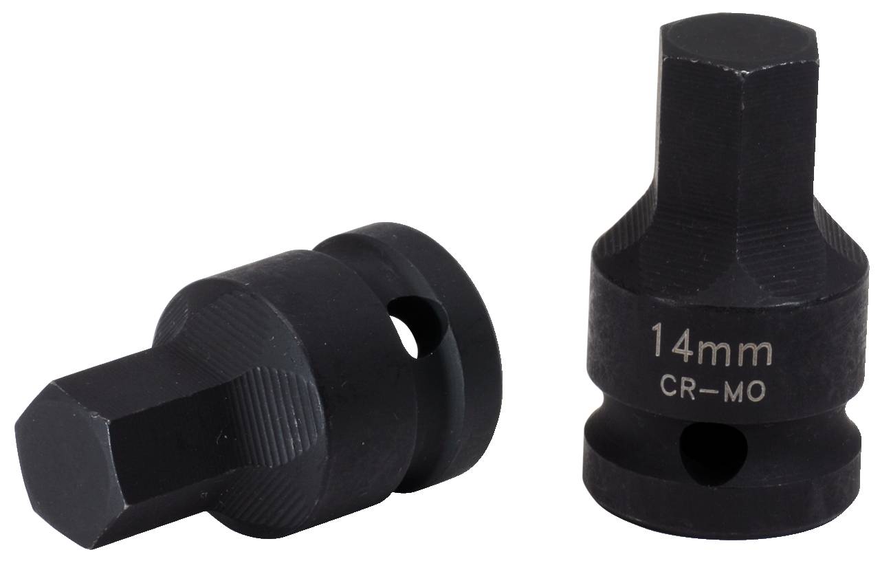 Zwei schwarze Stecknüsse, eine liegend, die andere stehend. Beide sind für 14 mm Schrauben und aus Chrom-Molybdän gefertigt.