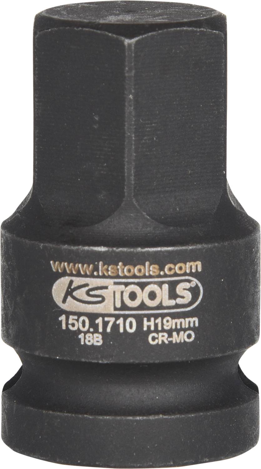 Schwarzer Steckschlüsseleinsatz mit der Aufschrift 'KS TOOLS 150.1710 H19mm CR-MO'.