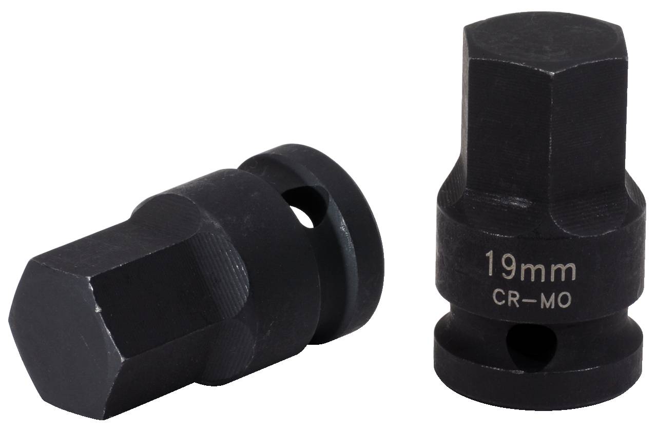 Zwei schwarze Stecknüsse mit 19mm-Beschriftung aus robuster CR-MO-Legierung, dargestellt im Hoch- und Querformat.