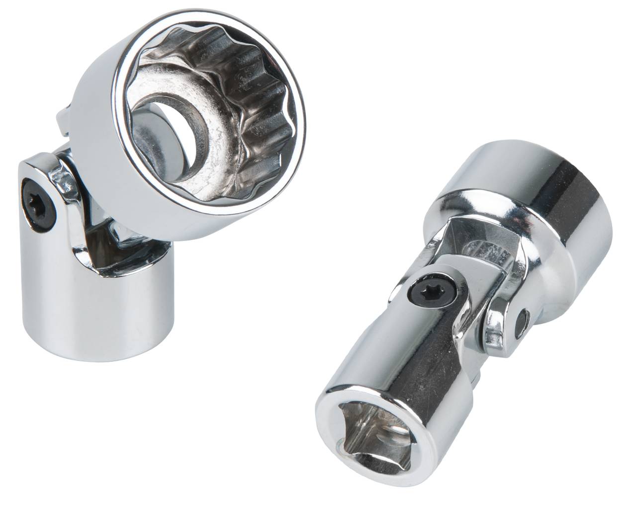 Zwei metallische Universalgelenke, die für Werkzeuganwendungen verwendet werden, auf weißem Hintergrund. Sie haben glänzende Oberflächen.