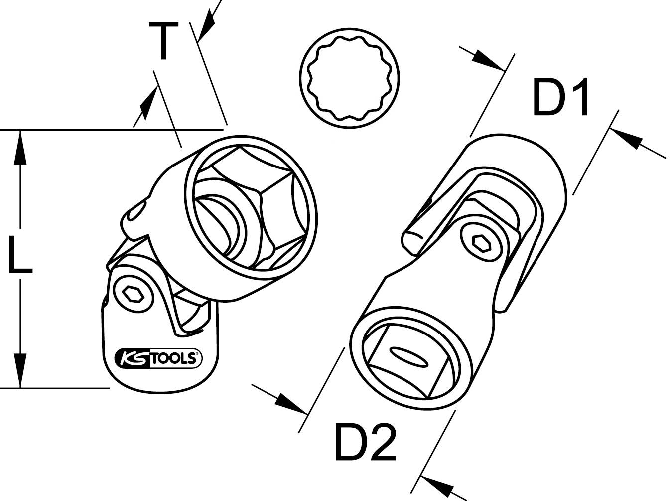 Technische Zeichnung einer Nuss mit zwei Abmaßen. Etikett mit Logo. Pfeile zeigen Dimensionen L, T, D1 und D2 an.