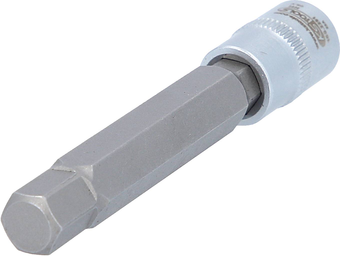 Ein silberner Inbusschlüsselaufsatz aus Metall, geeignet für Muttern oder Schrauben mit sechseckigem Kopf.