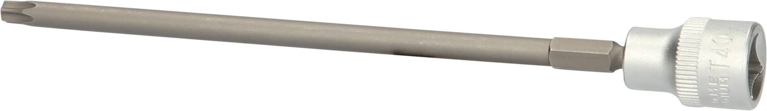 Ein langer, schlanker Schraubendreher mit einem silbernen Griff und einem sechskantigen Kopf. Geeignet für spezielle Schraubtypen.