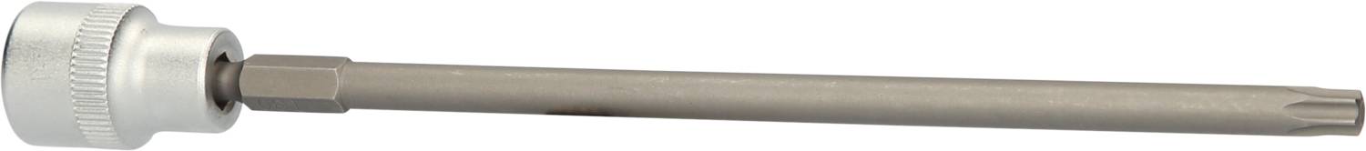 Silberner Steckschlüsselaufsatz mit langem Sechskantstift auf weißem Hintergrund. Werkzeug für Schraubarbeiten.