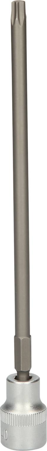 Ein langer, zylindrischer Schraubendreheraufsatz mit sechseckiger Basis und gezahntem Kopf für spezielle Schraubenarten.