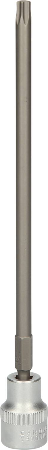 Ein langer Schraubendreher mit Torx-Bit und silbernem Griff, geeignet für präzise Arbeiten an schwer erreichbaren Stellen.