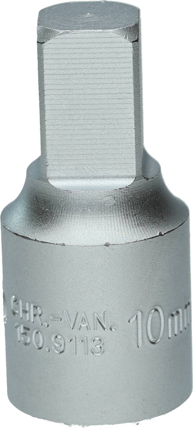 Metallischer Steckschlüsseleinsatz mit sechseckigem Profil und der Aufschrift '10 mm CHR-VAN 150.9113'.