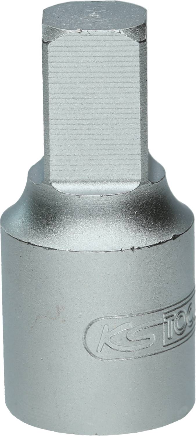 Ein silberner Steckschlüsselaufsatz mit sechskantigem Ende auf weißem Hintergrund. Geeignet für spezielle Schraubverbindungen in Werkstätten.
