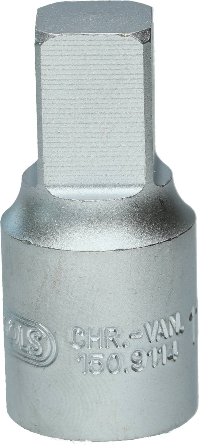 Ein silberner Steckschlüsseleinsatz mit hexagonalem Schaft, aus Chrom-Vanadium-Stahl gefertigt; robust für schwere Anwendungen.