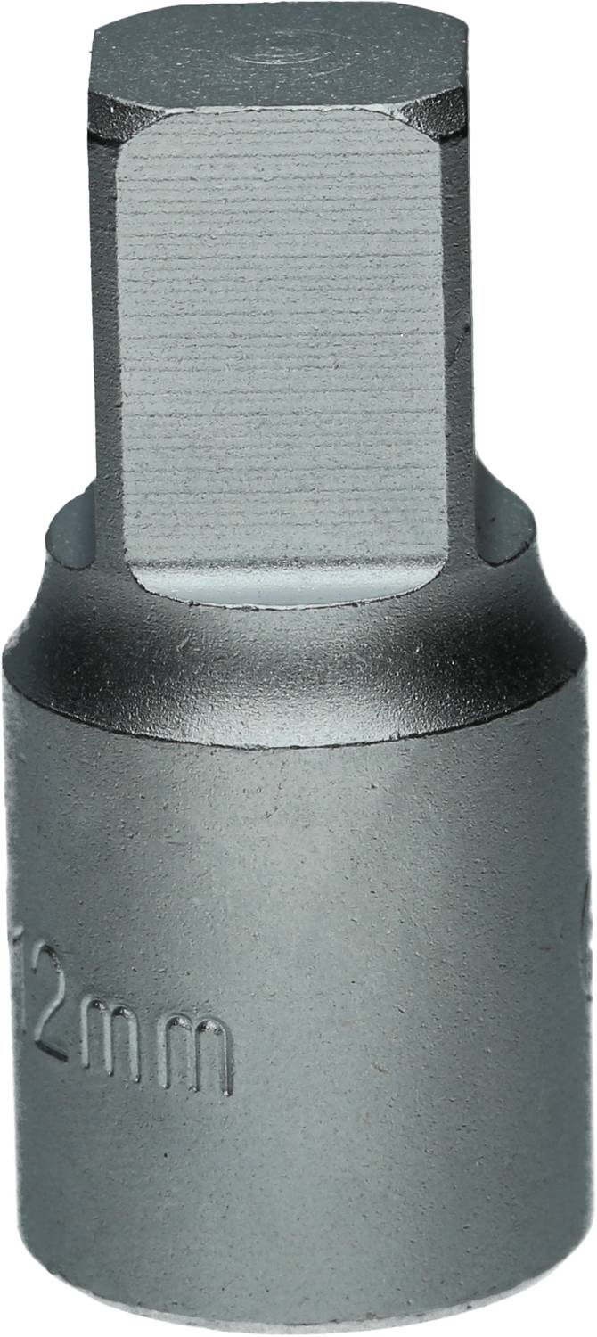 Ein silberfarbener, quadratischer Steckschlüssel mit der Aufschrift '12 mm'.