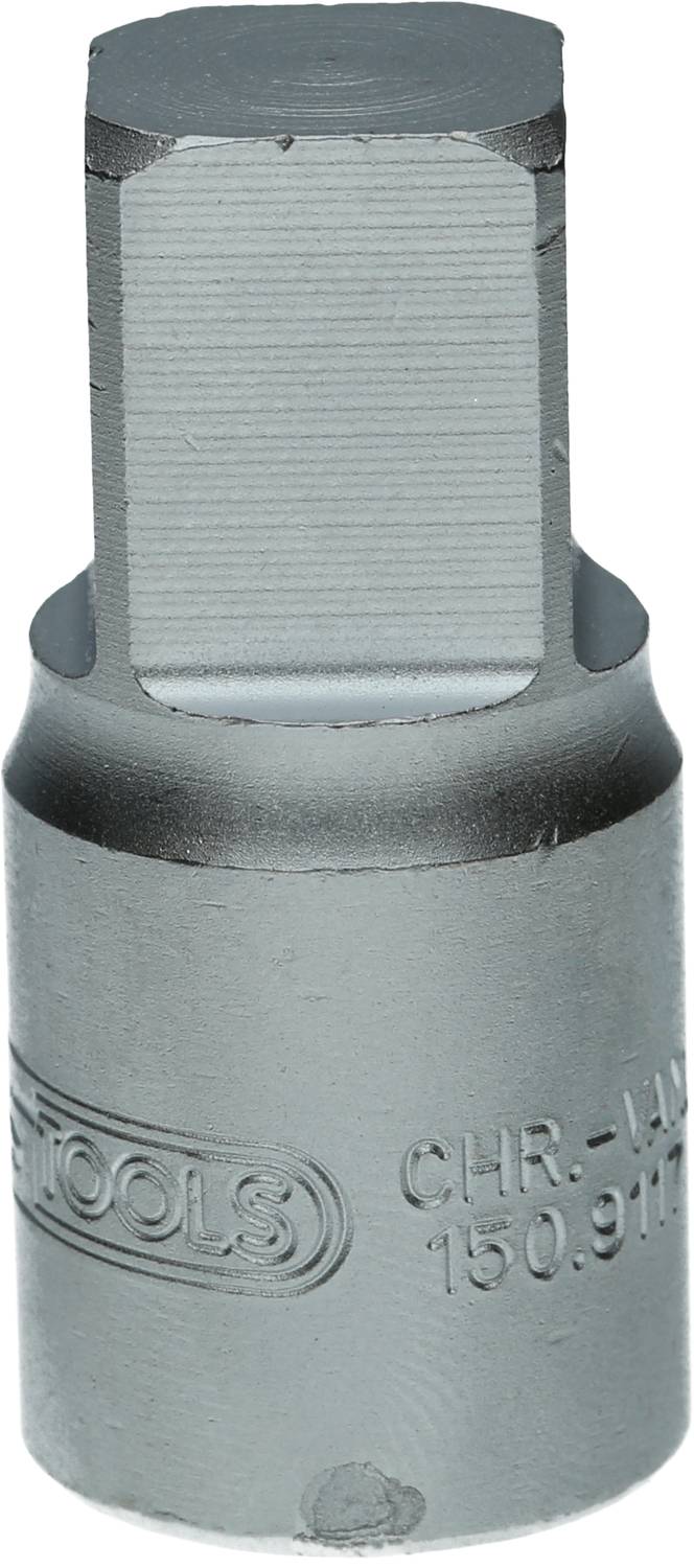 Metall-Steckschlüssel mit sechskantigem Einsatz, geeignet zum Lösen oder Anziehen von Schrauben. Gravur mit Markenname auf der Seite.