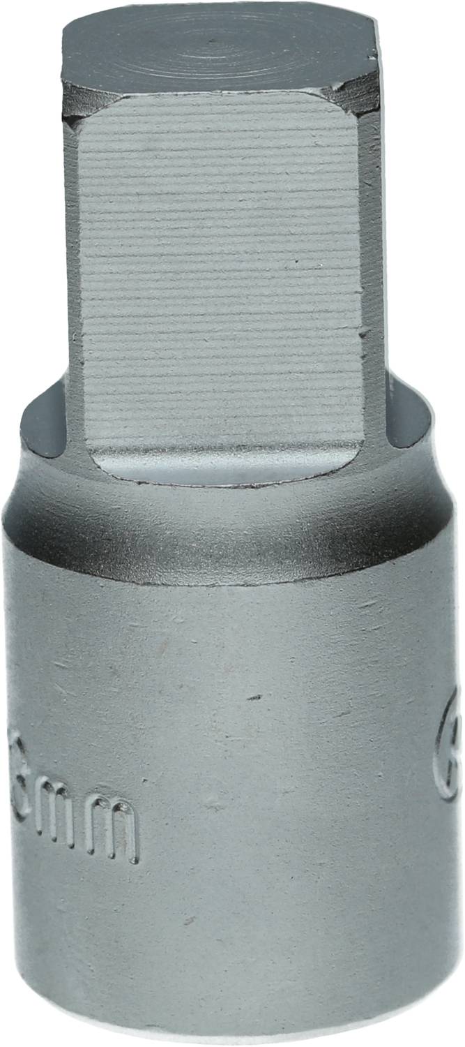 Ein silberner Steckschlüsseleinsatz mit einem flachen, sechseckigen Kopf und eingeprägter Größenangabe '16 mm'.