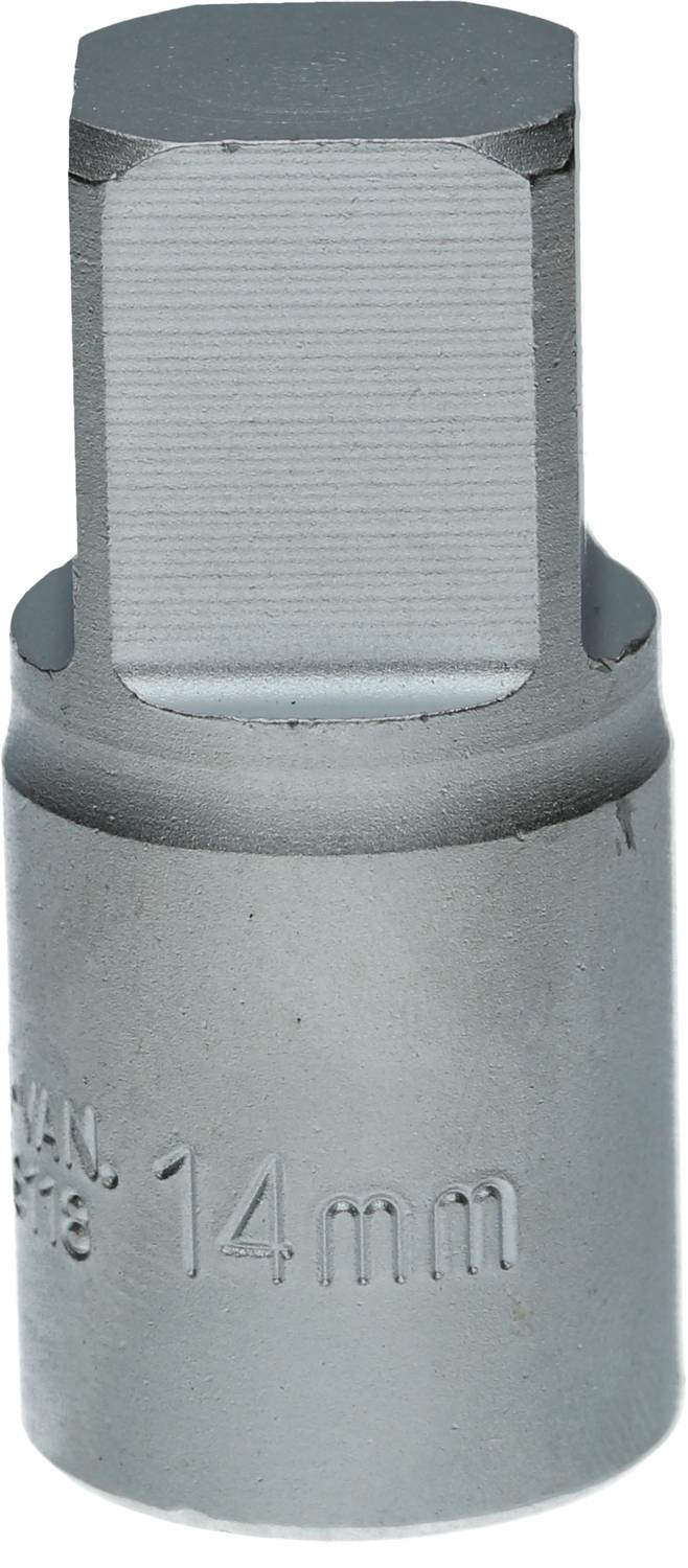 Ein silberner Sechskant-Bit mit einer Größe von 14 mm, genutzt für Werkzeuge wie Steckschlüssel, aus Metall gefertigt.