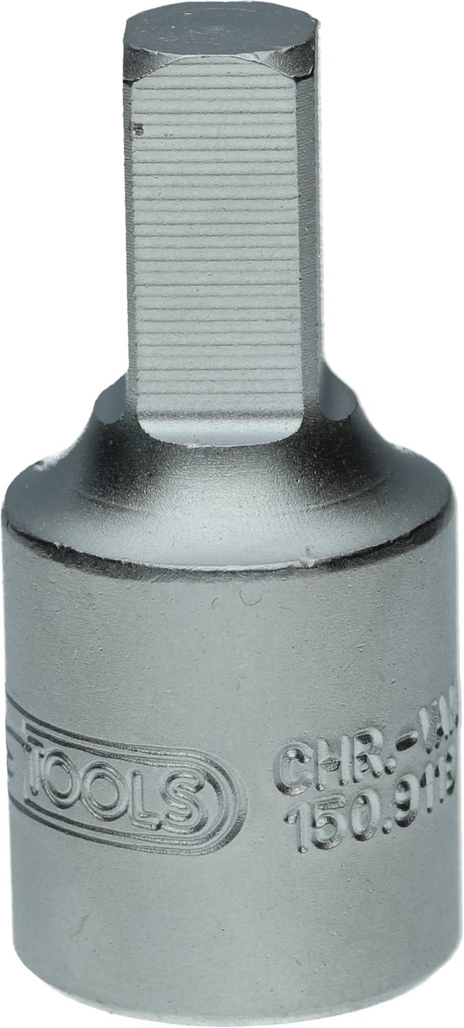 Eine silberne Stecknuss mit sechskantigem Bit, geeignet für manuelle oder elektrische Werkzeuge.