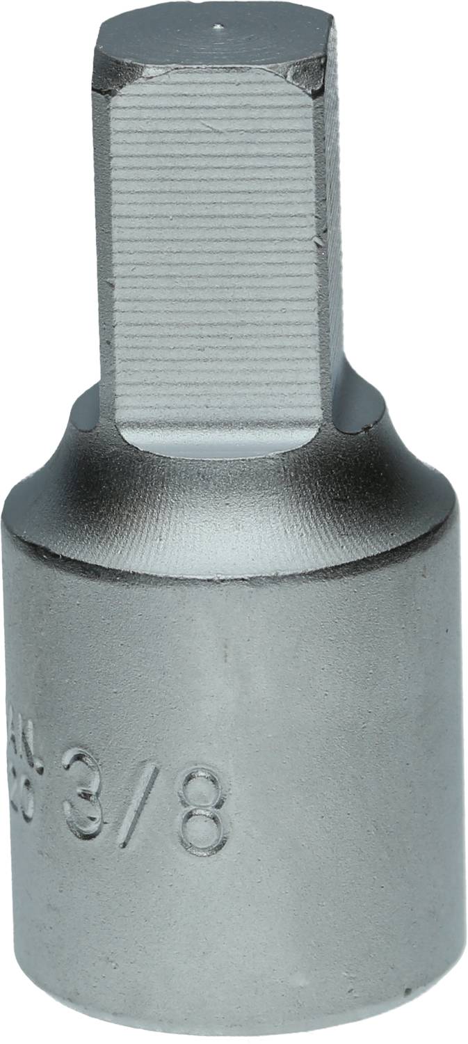 Ein silbernes Stecknusswerkzeug mit sechseckigem Kopf und der Aufschrift '3/8'. Geeignet für Schraubarbeiten.