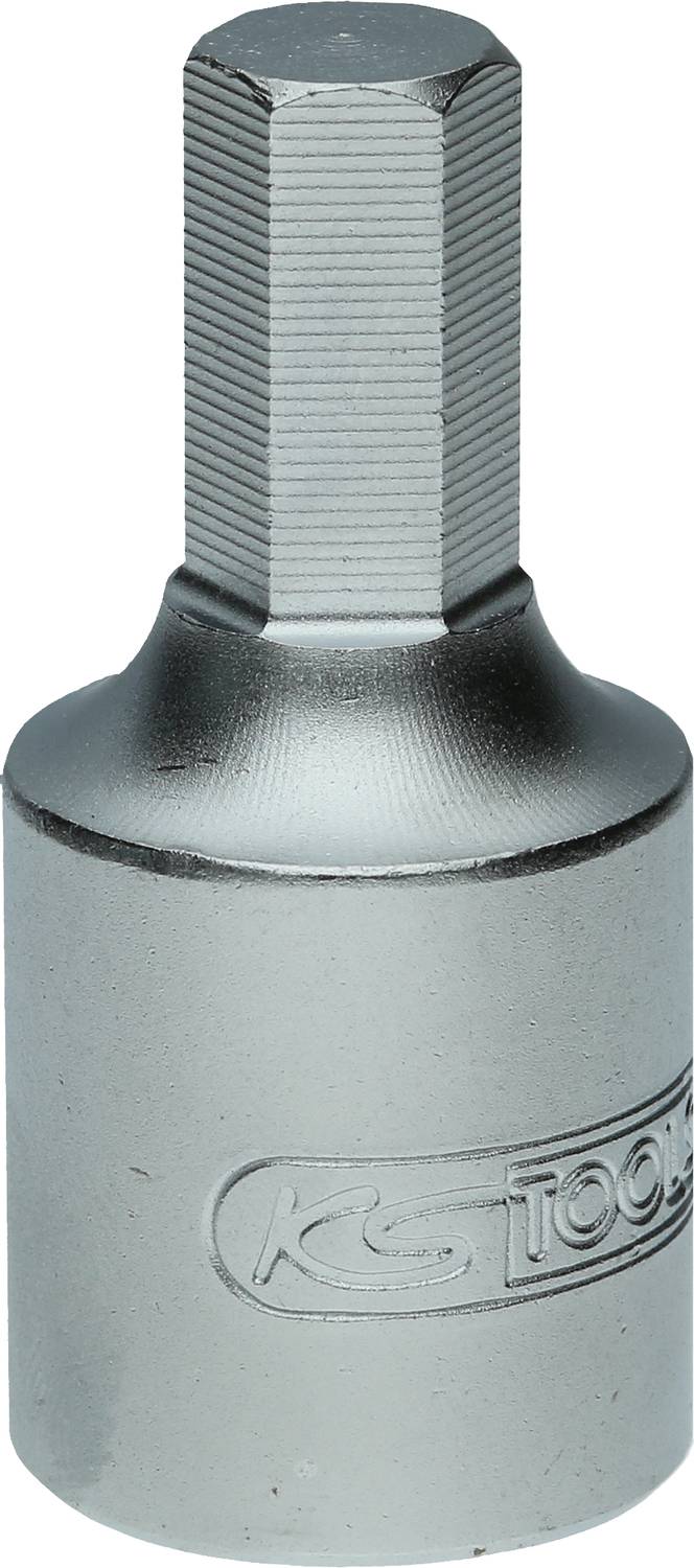 Ein silberner 12mm Sechskant-Bitadapter für Werkzeuge, mit eingeprägtem Markennamen auf der Seite.