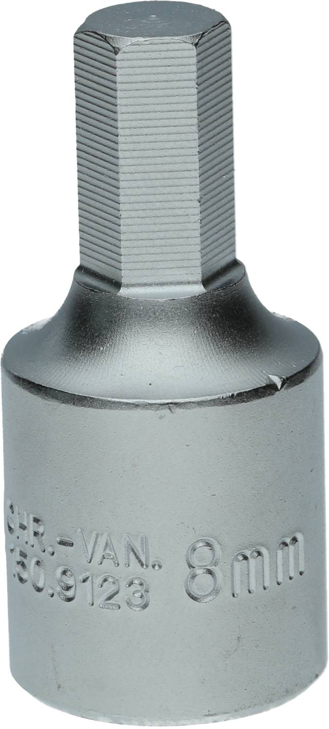 Eine silberne Stecknuss mit 8 mm-Sechskantaufnahme auf der Oberseite, markiert mit 'CR-VAN. 8 mm'.