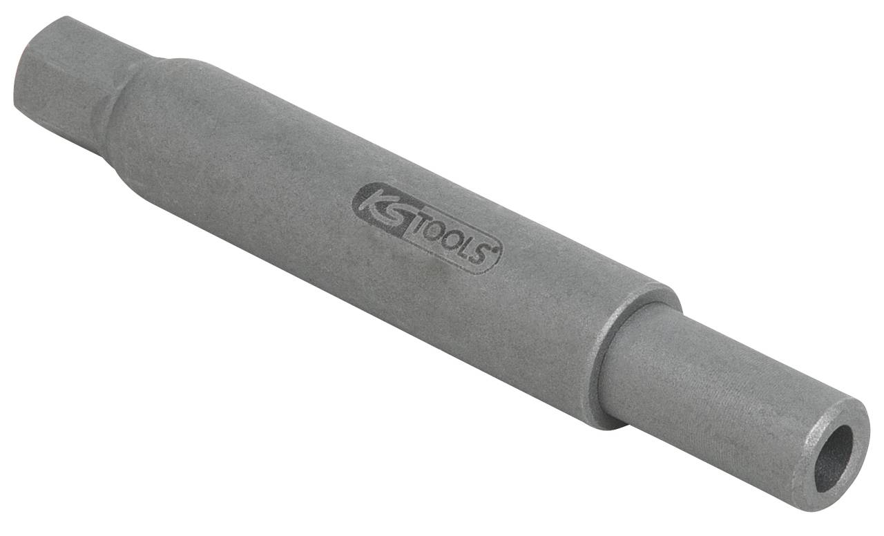 Ein graues Werkzeugaufsatz von KS Tools, zylinderförmig mit zwei Enden unterschiedlicher Größe.