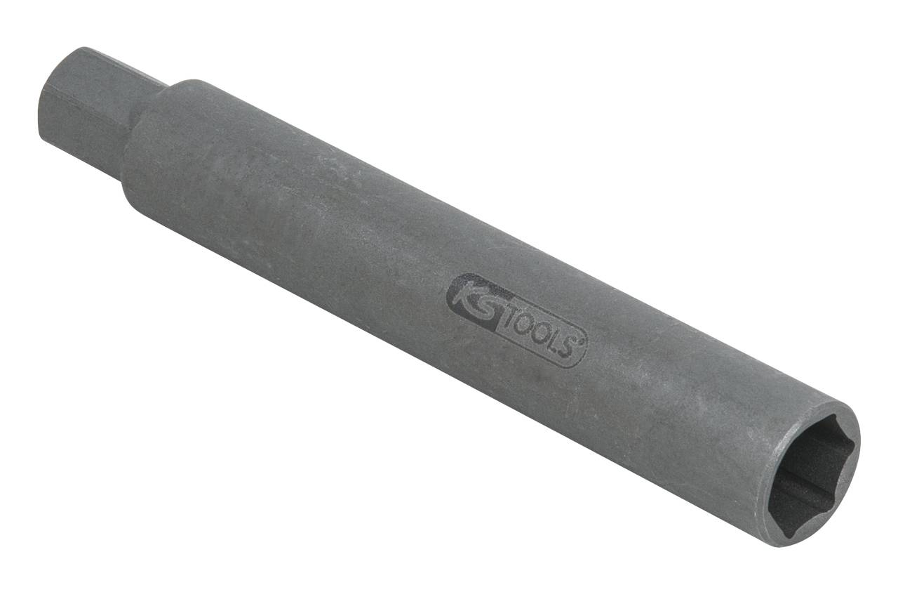 Ein langer Zündkerzenschlüssel in grauem Metall, geeignet zum Entfernen oder Installieren von Zündkerzen in Fahrzeugmotoren.