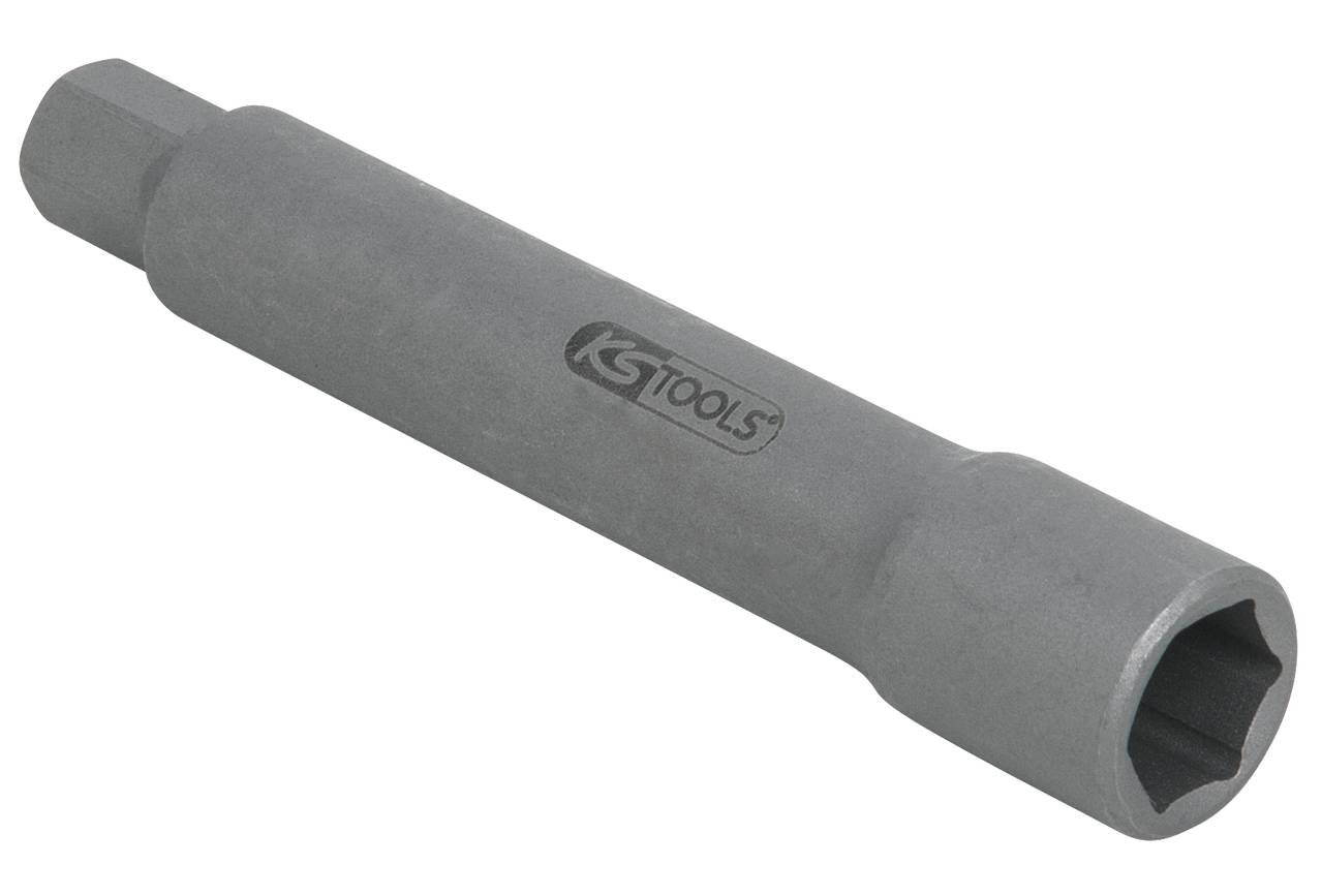 Ein zylinderförmiger Sechskant-Steckschlüssel mit der Aufschrift 'KS TOOLS'. Er dient zum Greifen oder Drehen von Schrauben und Muttern.