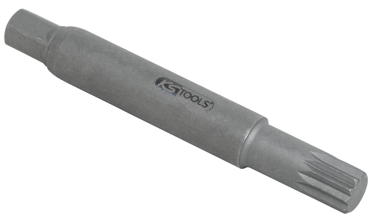 Ein metallischer Spezialwerkzeugaufsatz mit geriffeltem Ende und der Aufschrift 'KS Tools' in der Mitte.
