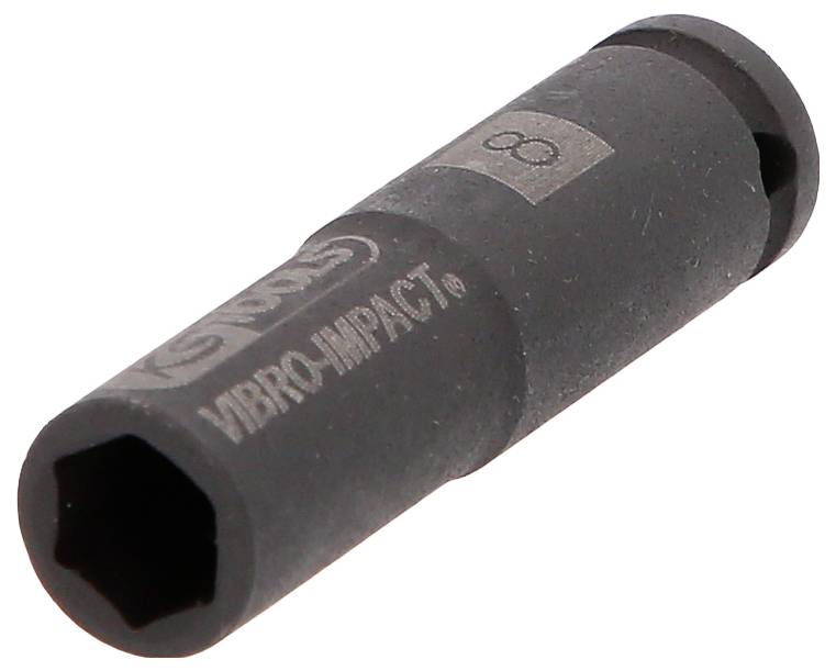 Schwarzer 8-mm-Schlagschrauberadapter oder Verlängerungswerkzeug, isoliert auf weißem Hintergrund dargestellt.
