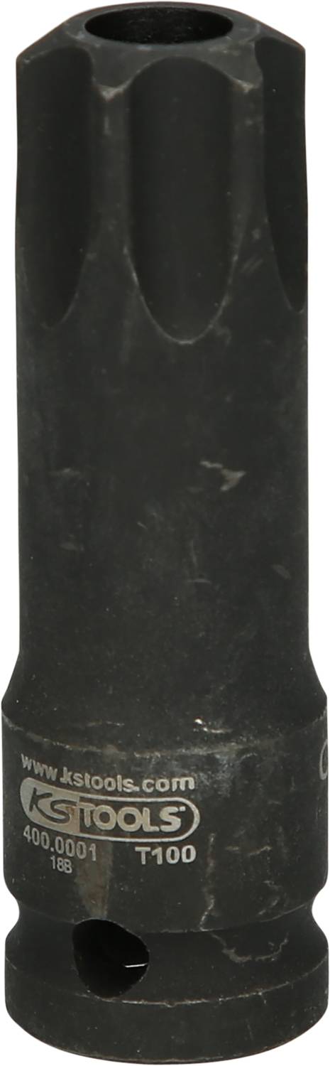 'KS Tools' schwarzer Steckschlüsseleinsatz aus Metall, zylindrische Form mit geriffelter Oberseite, und T100-Gravur unten.