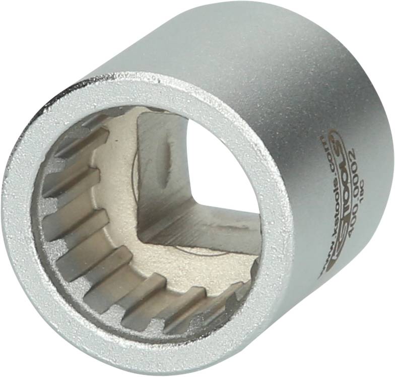 Metallische Stecknuss mit gezahntem Innenring, zylindrischer Form, silberner Farbe.