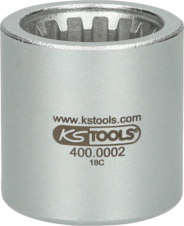 Stecknuss aus Stahl mit zwölfkantigem Innenprofil, Aufschrift 'www.kstools.com KS TOOLS 400.0002 18C'.
